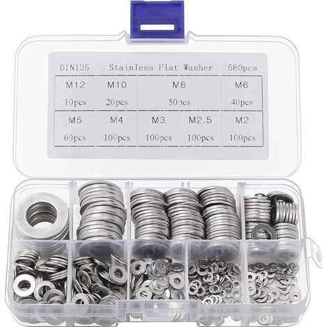 Rondelle Inox avec Boîte de Rangement (Lot de 580) - Assortiment de 9 Tailles M2, M2.5, M3, M4, M5, M6, M8, M10 & M12 - Lot de Rondelles Métal - Réparations, Usines & Décoration Intérieure (1/5)