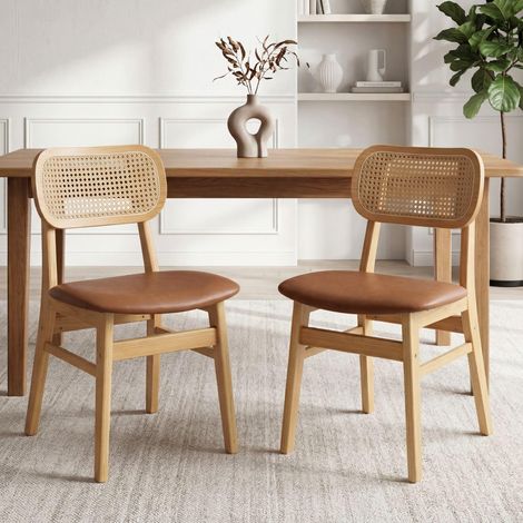 Wahson Juego de 2 Sillas de Comedor de Madera con Asiento Tapizado y Respaldo de Ratán, Sillas Modernas para Cocina y Salón, Marrón (1/5)
