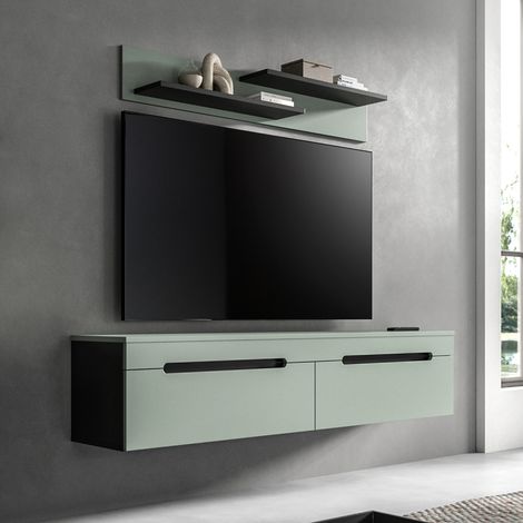 Meuble TV suspendu 170x38x33cm décor vert et anthracite - KANUT (1/5)