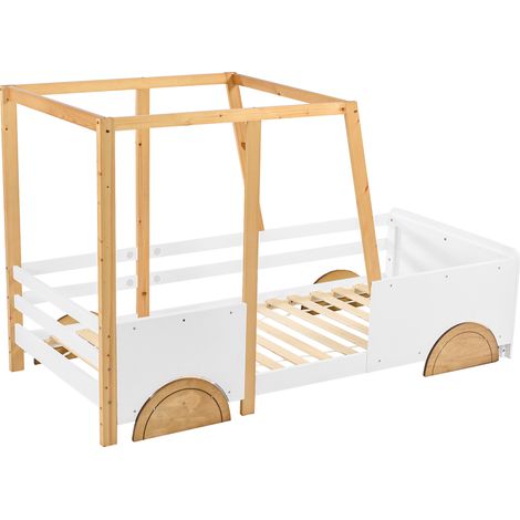 Lit voiture pour enfant avec roues en MDF, cadre en pin, blanc + naturel (90x200cm) (1/5)