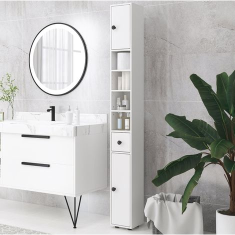 Columna de baño 20 x 20 x 180 cm de madera blanca con almacenaje para espacios pequeños FloraGrace (1/5)