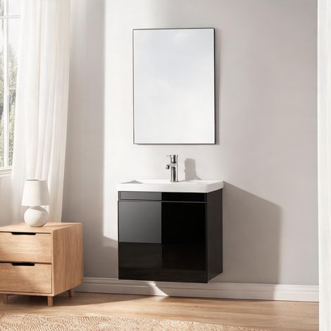 Meuble vasque suspendu 40 cm laqué noir avec lavabo céramique (1/5)