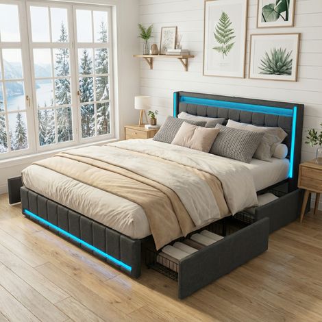 Letto 140x190 per adulti, 4 cassetti, illuminazione LED, letto matrimoniale capitonné con testiera dotata di porte USB/Type-C, tessuto di lino, stile moderno/scandinavo(140x190cm, Grigio) (1/5)