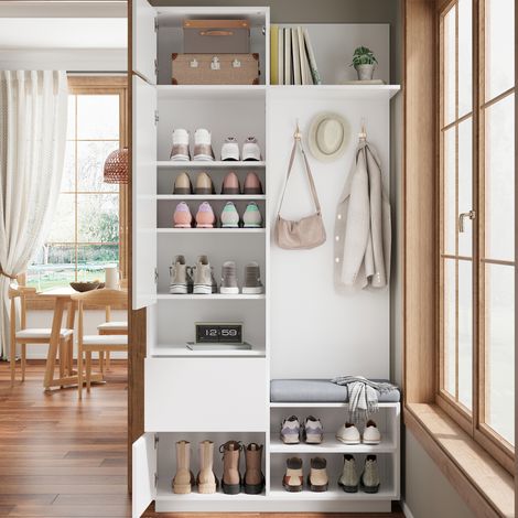 Ensemble de meuble d'entrée compact avec miroir et banquette, porte-manteaux avec étagère à chaussures et crochets, rangement pour couloir moderne, mobilier d'entrée avec patère et assise, 5 pièces. (1/5)