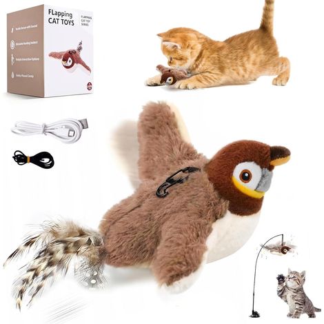 Oiseau Volant pour Chat, Jouet pour Chat Oiseau Battant Rechargeable Oiseaus Volant Réaliste Jouet Chats Interactif Volants Jouet Oiseaus Gazouillant d'Intérieur pour Chats Chasse (Non Vol) (1/5)