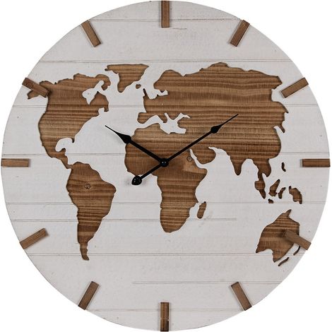 Horloge Murale Ronde Carte du Monde en Bois MDF Blanc et Marron Style Campagne Ø 60 cm - PANGIVO (1/4)