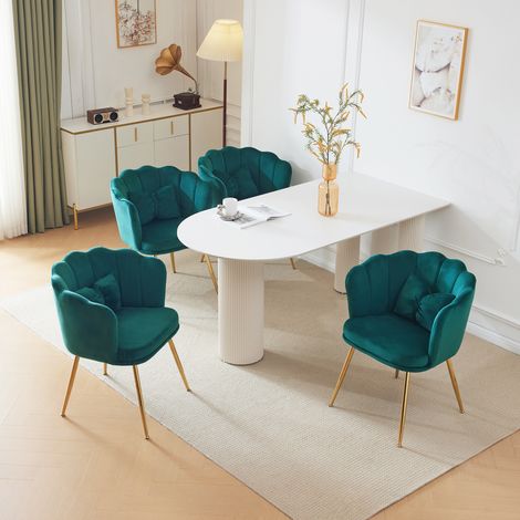 Lot de 6 chaises de salon modernes en velours, chaises de salle de bain, chaises capitonnées avec dossier en pétales, pieds en métal doré et coussins papillon pour chambre-salle à manger