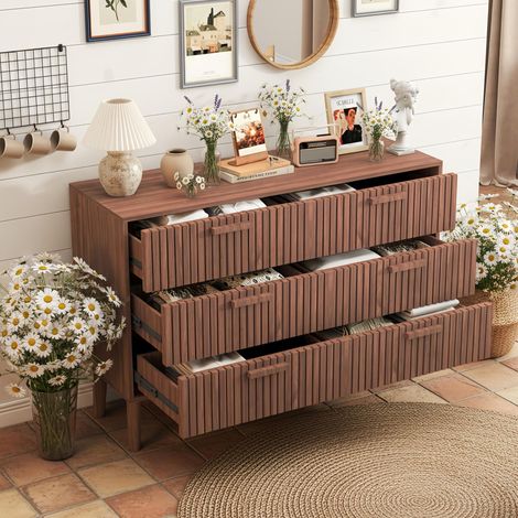 Cómoda de 100x34x73 cm de madera maciza, 6 cajones, diseño a rayas verticales, acabado en nogal natural, ideal para salón y comedor