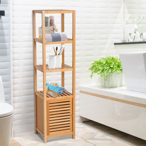 Mensola da bagno in bambù HOMCOM, scaffale portaoggetti per bagno con 1 anta e 4 ripiani per cucina, soggiorno, camera da letto, 33x36,5x140 cm, naturale