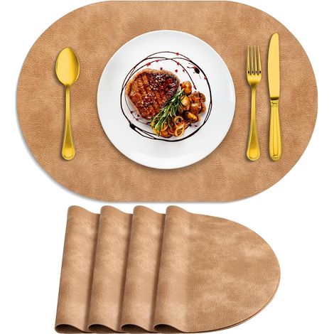 Lot de 4 sets de table ovales résistants à la chaleur, lavables, 30,5 x 43,2 cm, imperméables et faciles à nettoyer pour cuisine, salle à manger, marron clair'Marron Clair 4Pcs, 12" x 17"'Marron Clair (1/5)