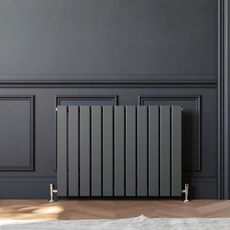 ELEGANT 600 x 836 mm Anthracite Column Radiator Horizontal Single Flat Panel Designer Radiator with Angled Radiator Valves + Angled Radiator Valves (1/5)