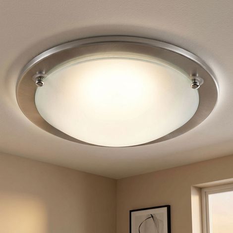 Plafonnier LED, lampe de salon ronde, argent, métal et verre, D 28,5 cm (1/5)