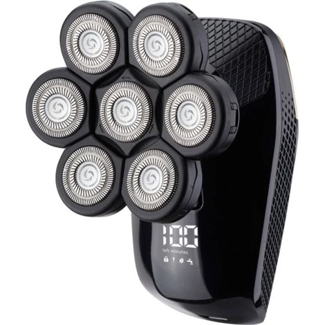 Maquinilla de afeitar y cortapelos eléctrica digital de siete cabezales, recargable y con cuchilla lavable, color negro y dorado. (1/5)