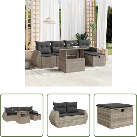 vidaXL Table de jardin - Salon de jardin 6 pcs avec coussins gris clair résine tressée (1/5)
