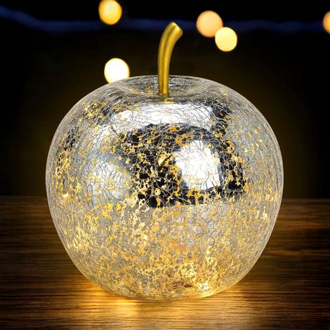 LED Glas Apfel 16 cm - silber - Deko Frucht in Bruchglas Optik Batterie betrieben mit Timer