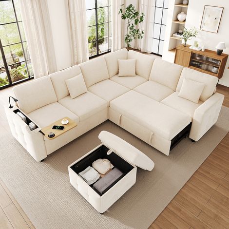 Canapé d’Angle XXL 7 Places Convertible avec LED, USB Type-C, Table Pliante, Porte-Gobelets et Rangements - Beige (1/5)