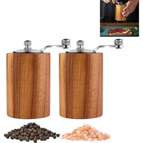 Juego de molinillos de sal y pimienta manuales de 2 piezas, saleros y pimenteros de madera con núcleo cerámico ajustable, molinillo de sal manual (1/5)