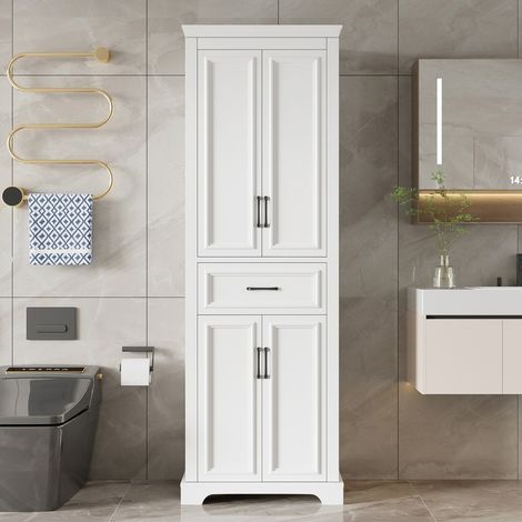 Armoire salle de bain blanche laquée 60x40x180cm double porte tiroirs étagères réglables charnières amorties poignées noires (1/5)