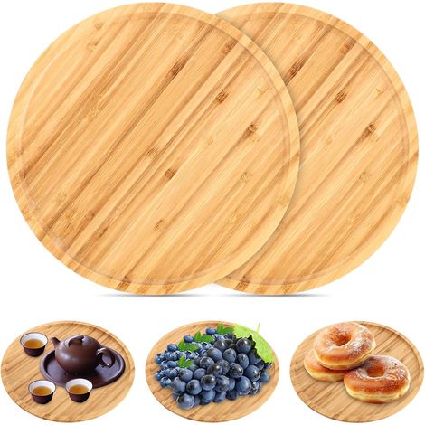 2 Pcs Plateau de Service en Bambou, Plateau Bois Rond 30 cm, Plateaux Repas en Bois pour Fruits, Aliments, Pots, Plantes, Café, Pain (1/5)