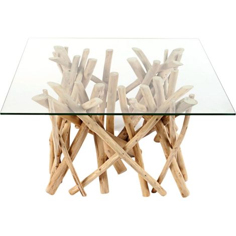 Table bassa WOODEN quadrata 80 cm – Tavolino da salotto design in legno di galleggiante e vetro temperato (1/5)