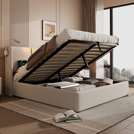 Cadre de lit double en lin 140x200 cm avec sommier à tiroirs et tête de lit lumineuse USB, lit avec espace de rangement, sans matelas (1/4)