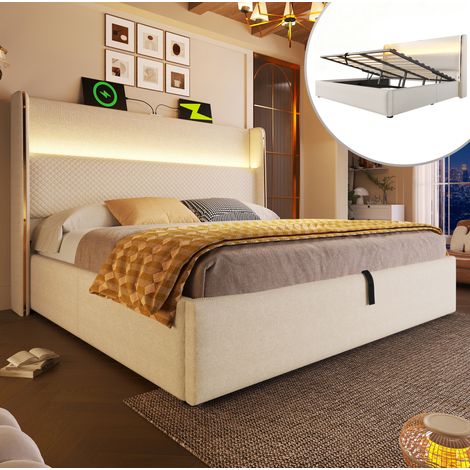 Letto con contenitore in tessuto beige 160x200 cm con LED, USB/Type-C e rete a doghe (1/5)