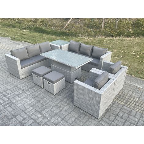 Fimous Salon de Jardin Exterieur Table à manger réglable en hauteur ave canapé 2 Fauteuil Table d'appoint 2 Petit Tabourets Gris Clair (1/5)