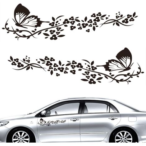 Lot de 2 autocollants pour voiture Motifs papillon et fleurs Autocollants décoratifs à rayures Pour voitures de sport et voitures de course Noir (1/4)
