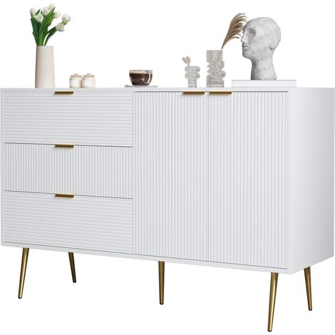 Buffet blanc et doré 3 tiroirs, 2 portes avec étagères intérieures, motif ondulé, poignées et pieds élégants pour salon, salle à manger ou chambre  CHICFURN (1/5)