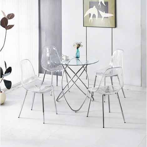 Ensemble repas 5 pièces avec table ronde en verre et 4 chaises transparentes en métal chromé OKWISH (1/5)