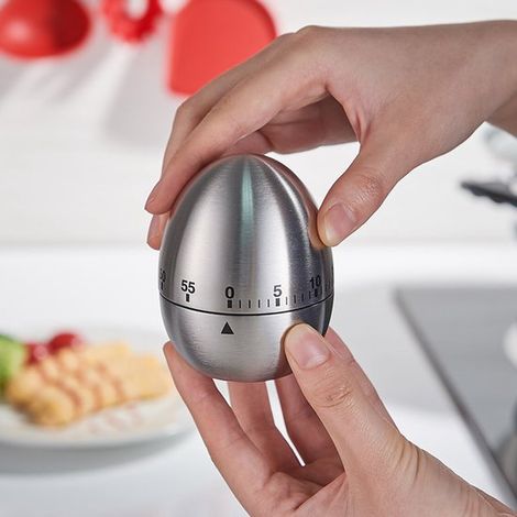 Minuteur de cuisine mécanique en acier inoxydable, en forme d'œuf, avec mode silencieux/alarme, compte à rebours de 60 minutes pour cuisiner, pâtisser, prendre une douche, étudier ou se brosser les de (1/4)