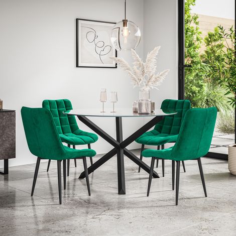Malvern Round Dining Table And Chairs -  Clear Glass Table Top w Solid Black Oak Legs + Nova Velvet Dining Chair Set Of 4 (Green) (1/5)