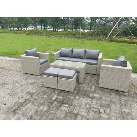Fimous Wicker Rattan Garden Furniture Sofa Sets Outdoor Patio Coffee Table With Stools light grey (1/5)