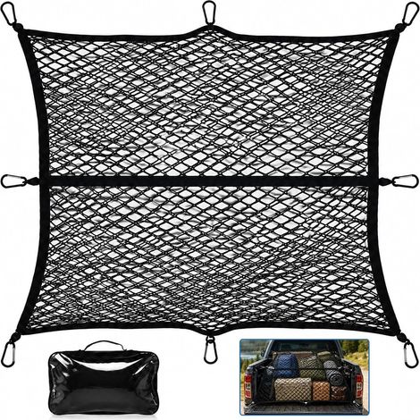 Filet de Chargement pour Pick-up et SUV, Noir, Double Couche avec 8 mousquetons métalliques, pour Quad, remorque et Bateau, 120 × 120 cm, Extensible Jusqu’à 210 × 210 cm (1/5)