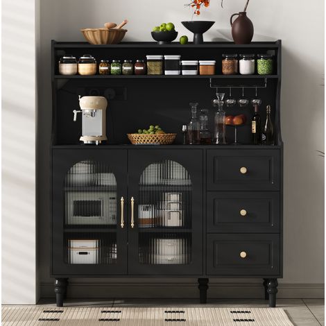 Buffet haut en MDF noir 120x40x138,5 cm, 3 tiroirs, étagères réglables, porte-verres et station de charge (1/5)