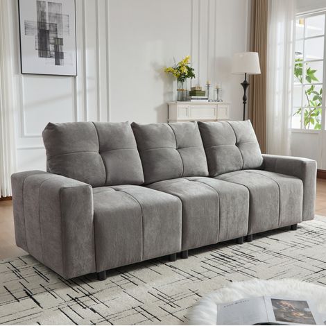 Sofá 3 plazas chenilla gris con espuma y madera maciza, 213x94x84 cm, respaldo ajustable y función cama (1/5)