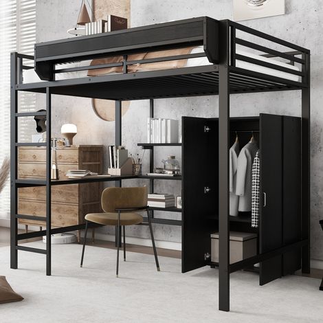 Hochbett 140x200 cm Metall, Doppelbett mit Schreibtisch, Kleiderschrank und Treppe, Jugendbett mit Regalen Schwarz