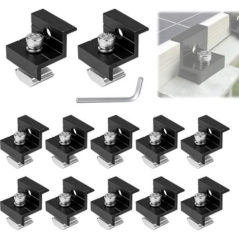Kit de 12 Support Panneau Solaire 30-42mm, Pinces Centrales en Z pour Balcon, Fixation Panneaux Solaires Photovoltaïque en Aluminium pour Rail, Modules PV Pince de Toit, Noir (1/5)