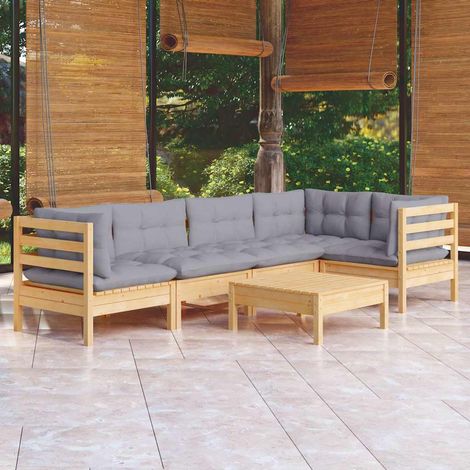 Salon de jardin 6 pcs Ensemble Table et Chaise de Jardin - avec coussins gris Bois de pin BV772567 - BonneVie (1/5)