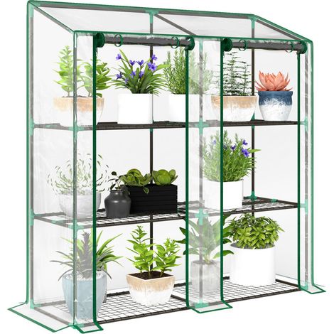 Mini serre de jardin 3 niveaux avec bâche en plastique, 2 portes enroulables, 6 étagères, dim. 143L x 46l x 141/151H cm (1/5)