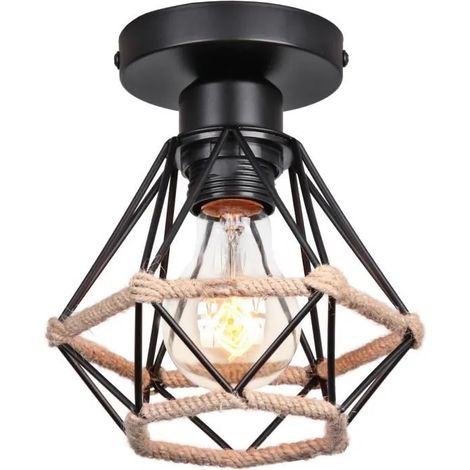 U-DO Plafonnier Vintage Lampe Cage en Corde de Chanvre et Fer E27 Lampe de Plafonde Intérieur Industriel (1/4)