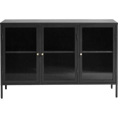 Buffet 3 portes en verre strié et métal L132cm - Noir - BJORN (1/5)