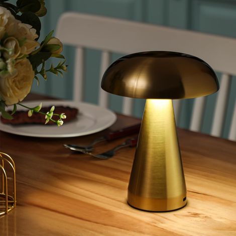 Lampe de table champignon sans fil, lampe de table tactile en métal, lumière tricolore, luminosité réglable en continu, adaptée aux restaurants (doré) (1/5)
