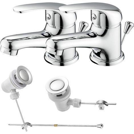 Lot de 2 robinets de lavabo avec tige de traction et vidage - Mitigeur monocommande en laiton pour petit lavabo - Robinet de salle de bain pour WC d'invités avec tuyau de raccordement G3/8 (1/5)