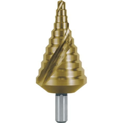 RUKO Broca escalonada HSS-TiN estriada espiral con punta cruzada para prensaestopas métricos Tamaño 17 Ø 6,5 - 40,5 mm - 101090T