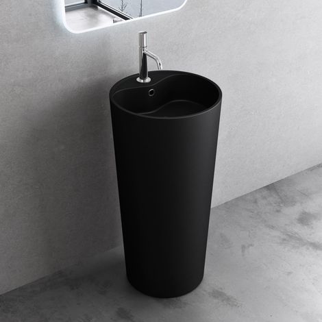 Doporro – Lavabo colonne rond noir mat 45x45x90cm – Fonte minérale solid surface – Lave mains avec trop plein – Branchement DIN standard - Colossum35