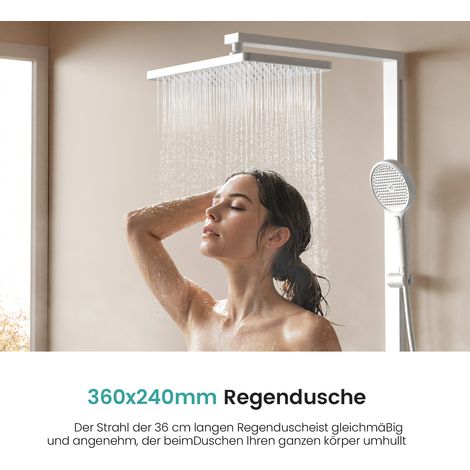EMKE Duschsystem Duschsystem mit Thermostat Duschset mit 40cm Thermostatische Platte, 4 Strahlart(en), Brausestange, Handbrause, Regendusche, Wasserauslass,Weiß (1/5)
