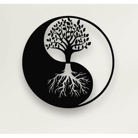 Décoration murale en métal - Arbre de Vie - Yin Yang - 42 x 42 cm (noir)