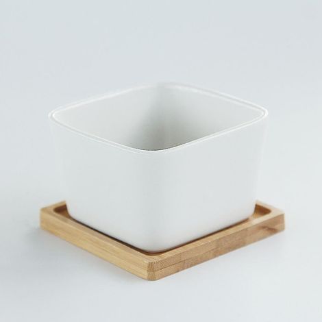 Ensemble de 2 pots en céramique pour plantes succulentes avec plateau en bambou blanc, cache-pot pour cactus, cadeau idéal pour un anniversaire ou un mariage. (1/5)