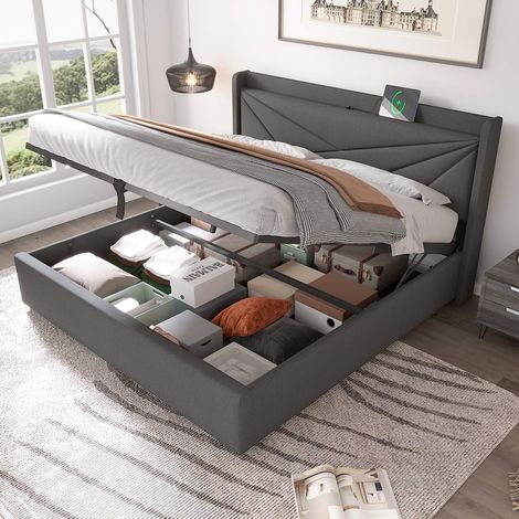 Lit rembourré 180x200 cm avec coffre de rangement, sommier inclus, tête de lit avec USB et Type-C, structure métal et tissu lin gris sans matelas (1/5)